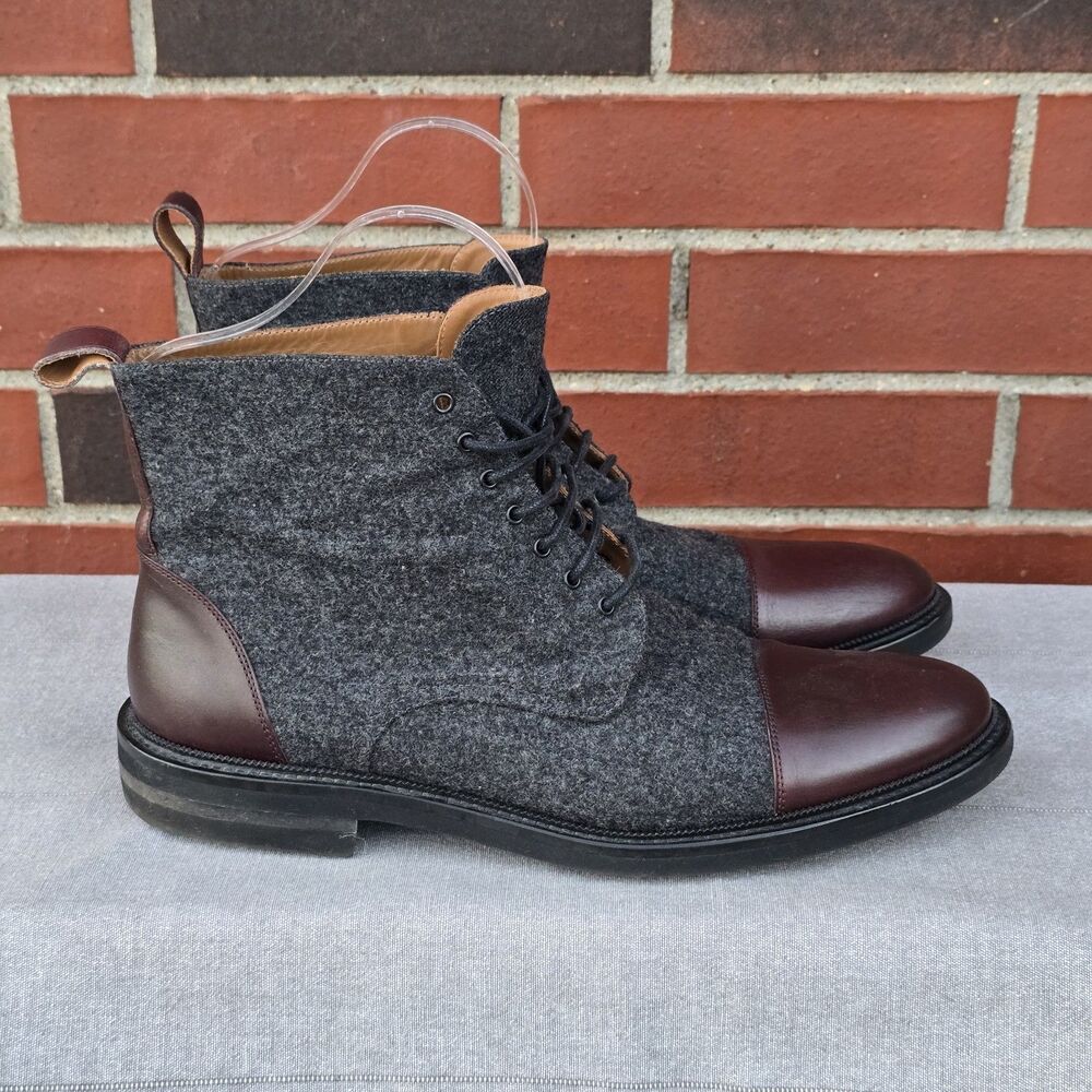 TAFT The Jack Cap Toe Boot In Grey/Oxblood Wool/Leather Men's Size 12